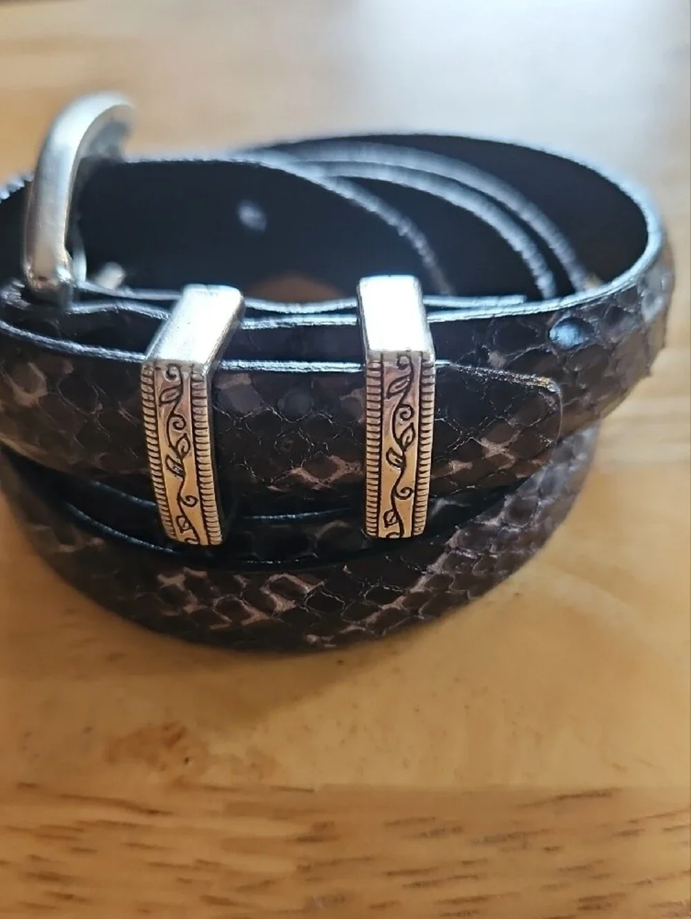 Brighton Black Snakeskin Textured Leather Belt with Silver Buckle